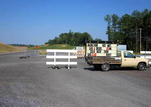 Figure 7.The construction and realignment of U.S. 321 has isolated many businesses on the old road. A Marathon gas station near Parrottsville in Cocke County attempts to lure travelers off the new road for gas and beer. Photo by author, 2010.